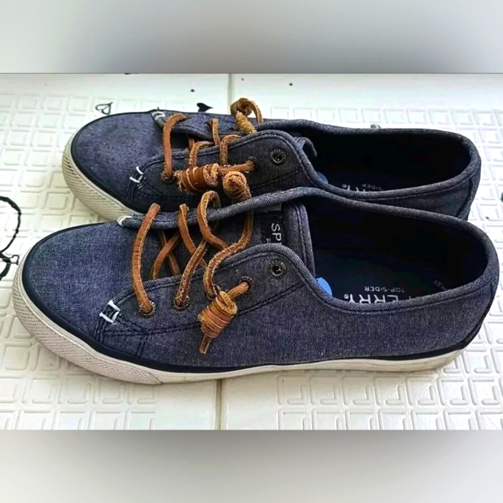Sperry Top Sider Women Size 6.5 Chambray Deck Shoes STS99357‎ Leather Laces